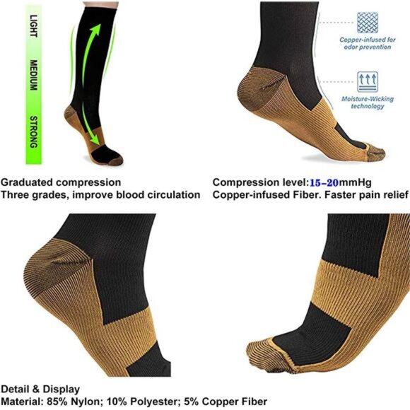 Copper Compression Socks for Men & Women Circulation 8 Pairs 15-20mmHg - Picture 3 of 6